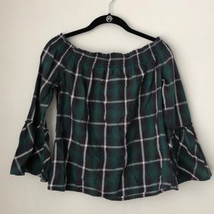 New Off Shoulder Bell Sleeve Plaid Top